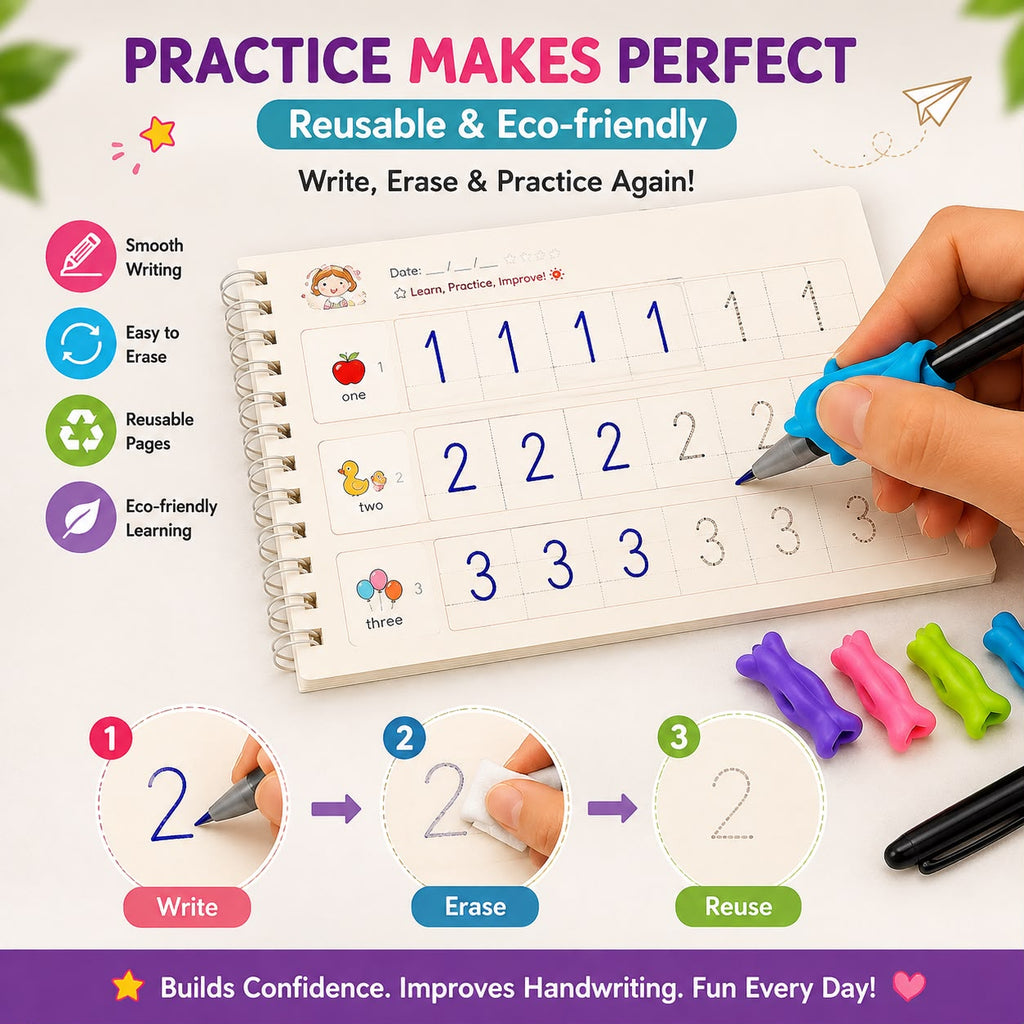 Magic Practice Copybook Set for Kids | 4 Books + 1 Pen + 10 Refills + 2 Pen Grips