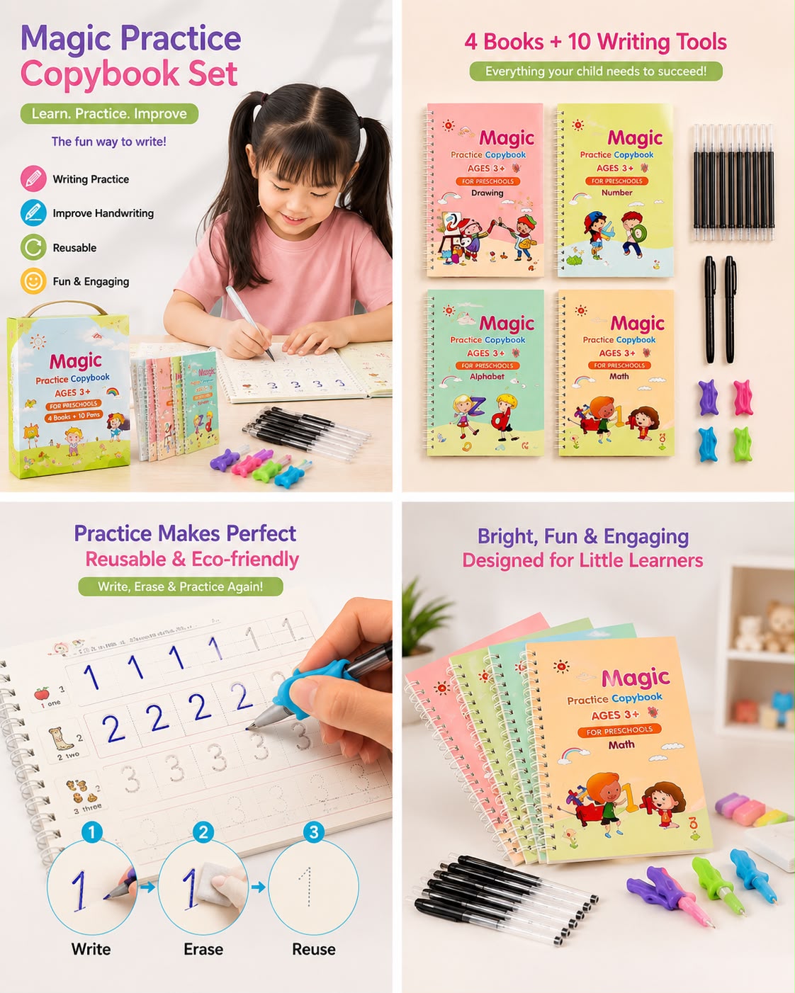Magic Practice Copybook Set for Kids | 4 Books + 1 Pen + 10 Refills + 2 Pen Grips