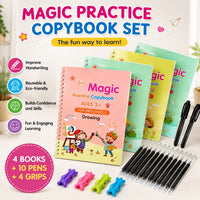Magic Practice Copybook Set for Kids | 4 Books + 1 Pen + 10 Refills + 2 Pen Grips