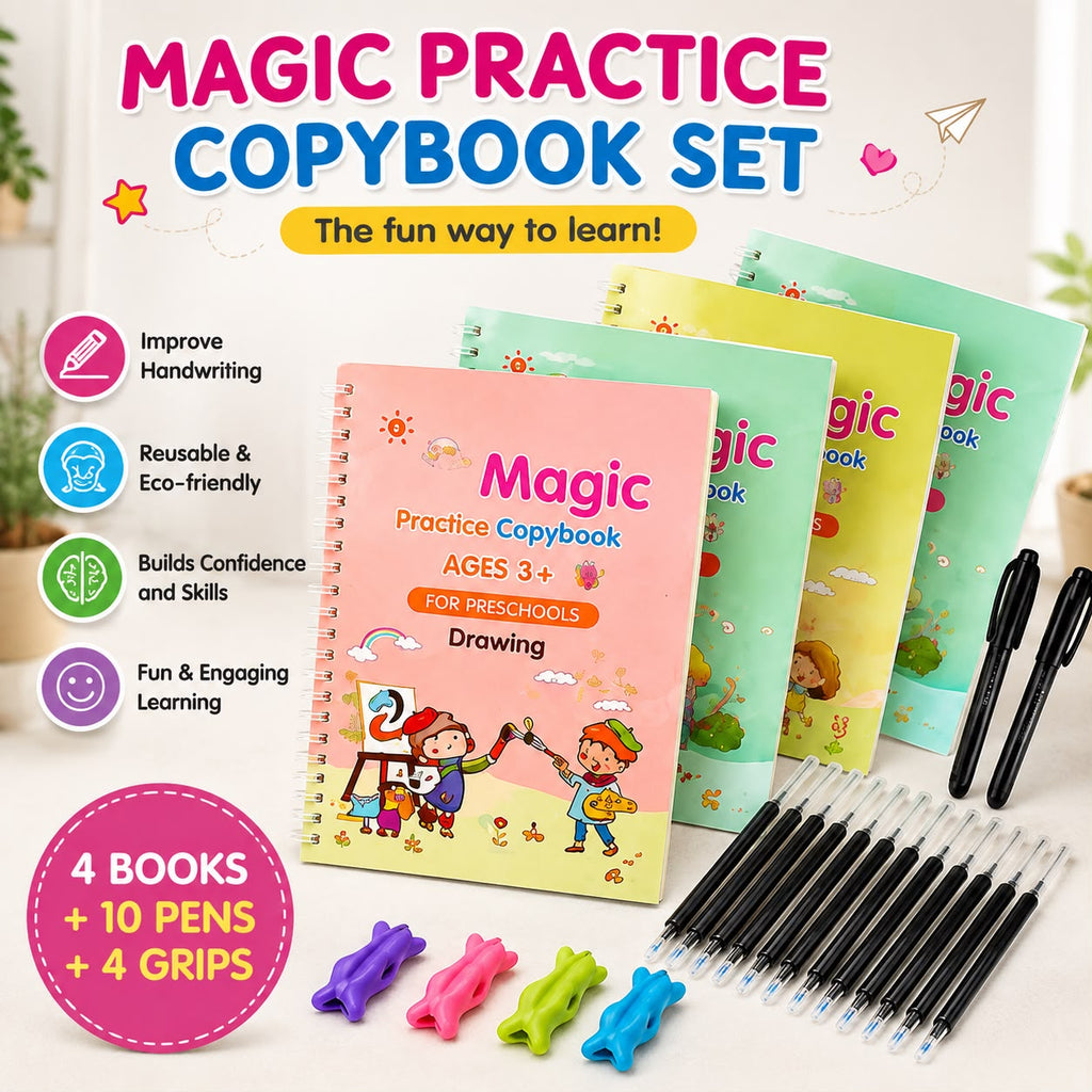 Magic Practice Copybook Set for Kids | 4 Books + 1 Pen + 10 Refills + 2 Pen Grips