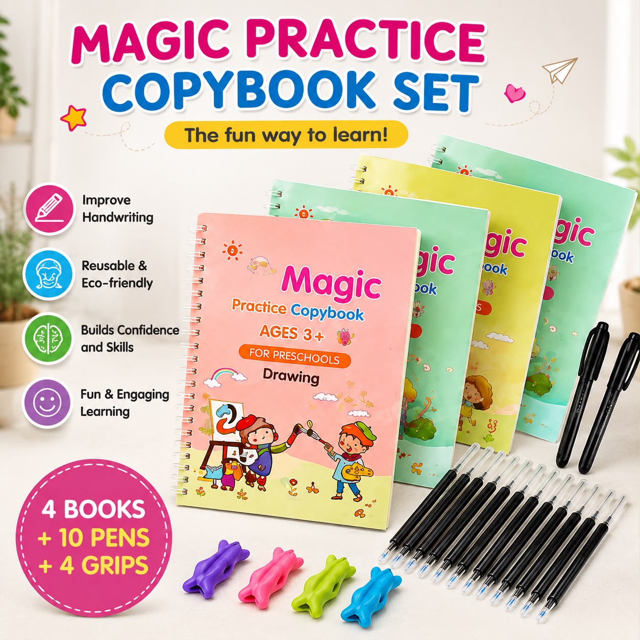 Magic Practice Copybook Set for Kids | 4 Books + 1 Pen + 10 Refills + 2 Pen Grips