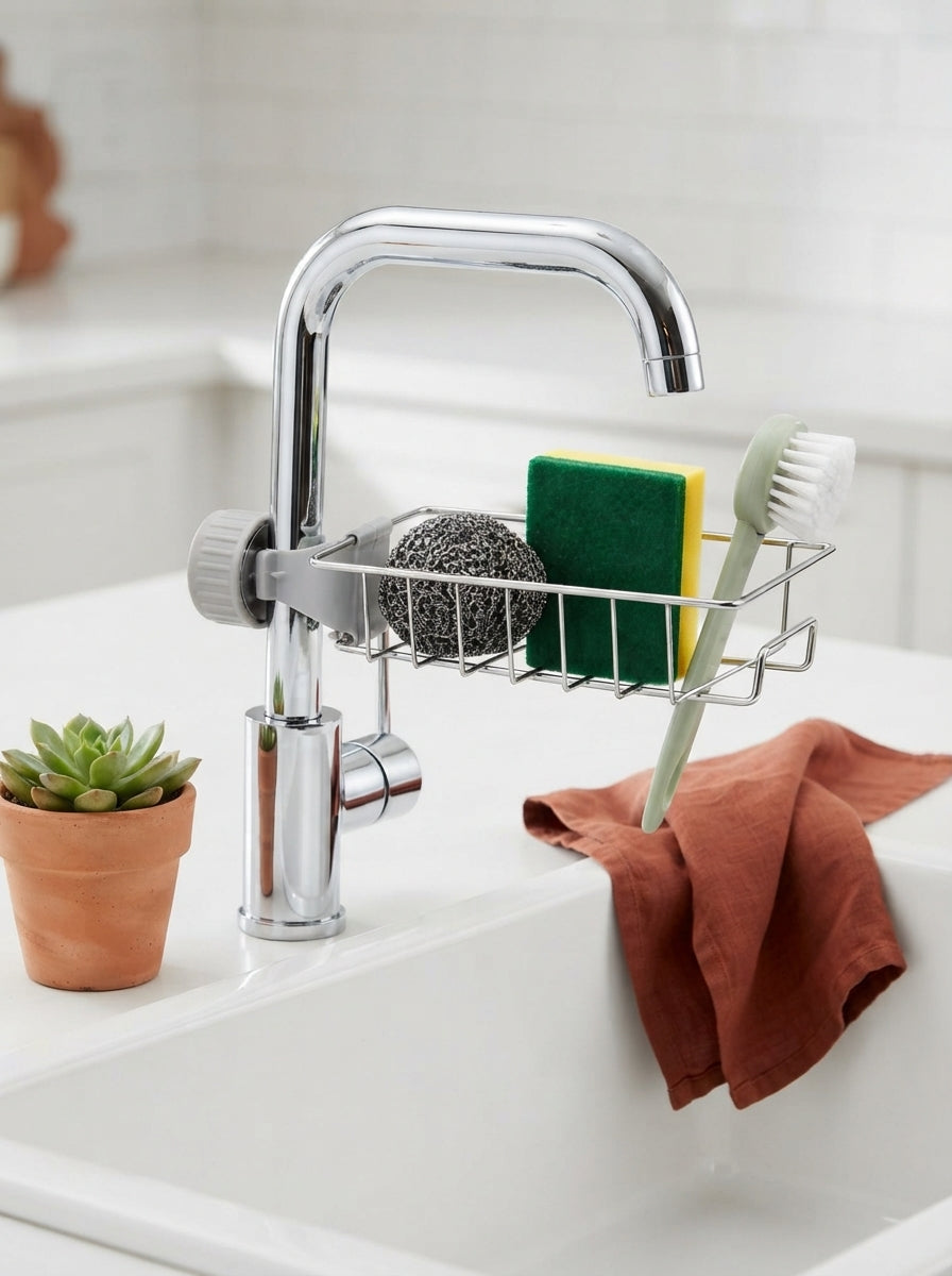 Adjustable sink faucet rack holding kitchen cleaning tools inside a bright white sink with terracotta decor.